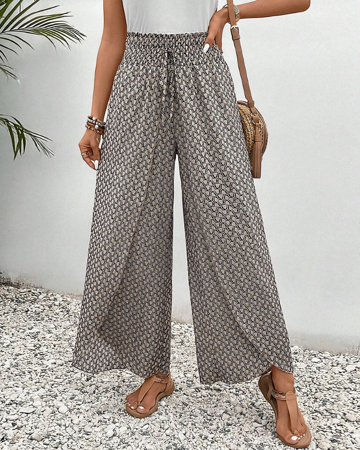 Pantaloni palazzo stampati da donna - modello leggero e comodo a vita alta per vacanze estive e uso quotidiano