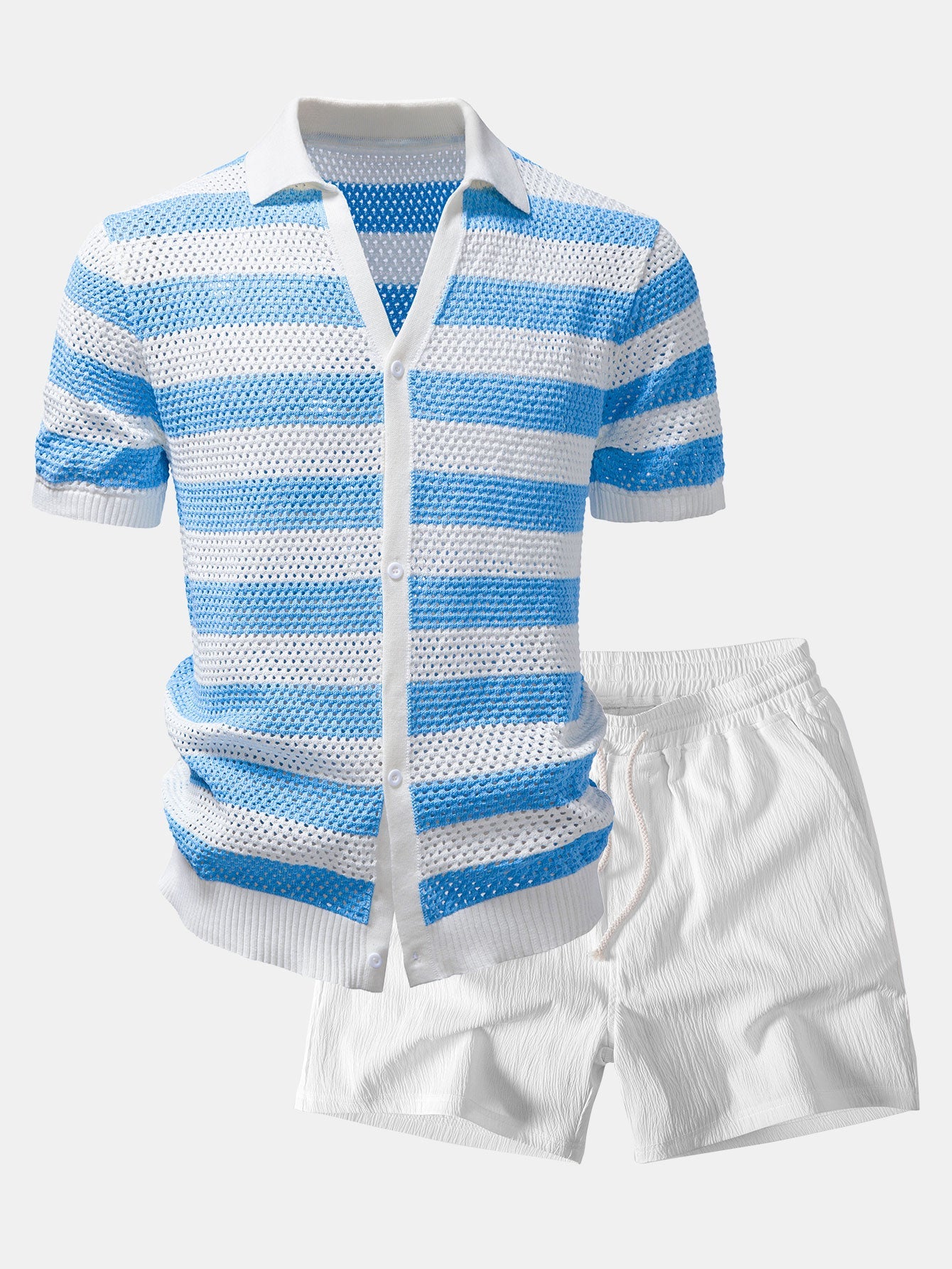 Completo estivo da uomo con camicia in maglia traforata e pantaloncini effetto stropicciato – Vestibilità regular