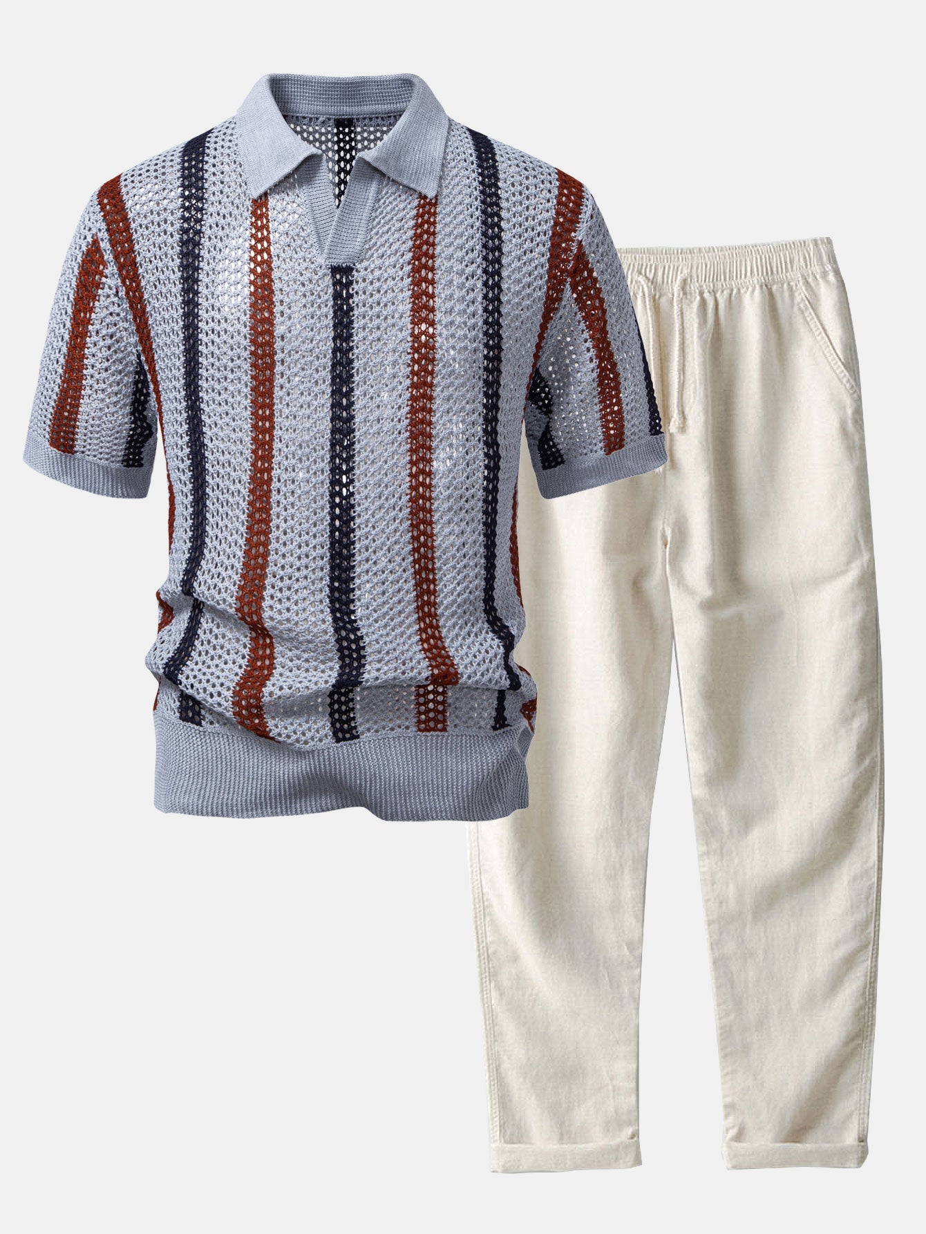 Conjunto de verano para hombre: polo de rayas de crochet y pantalones de lino