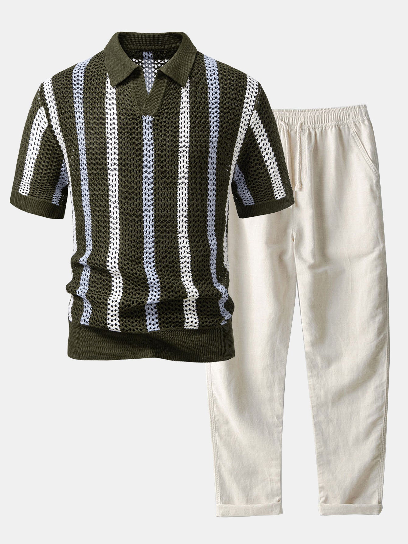 Conjunto de verano para hombre: polo de rayas de crochet y pantalones de lino