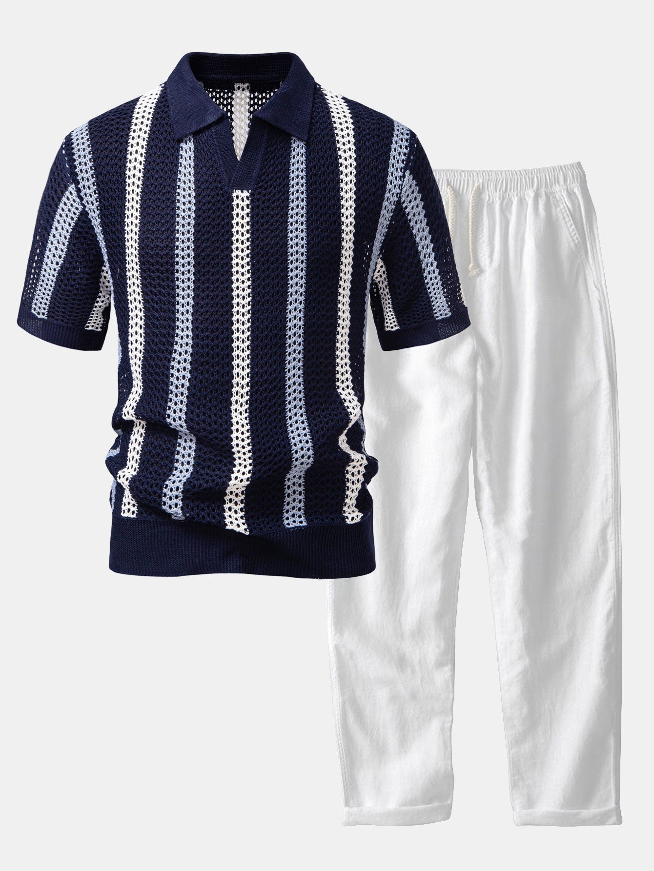 Conjunto de verano para hombre: polo de rayas de crochet y pantalones de lino