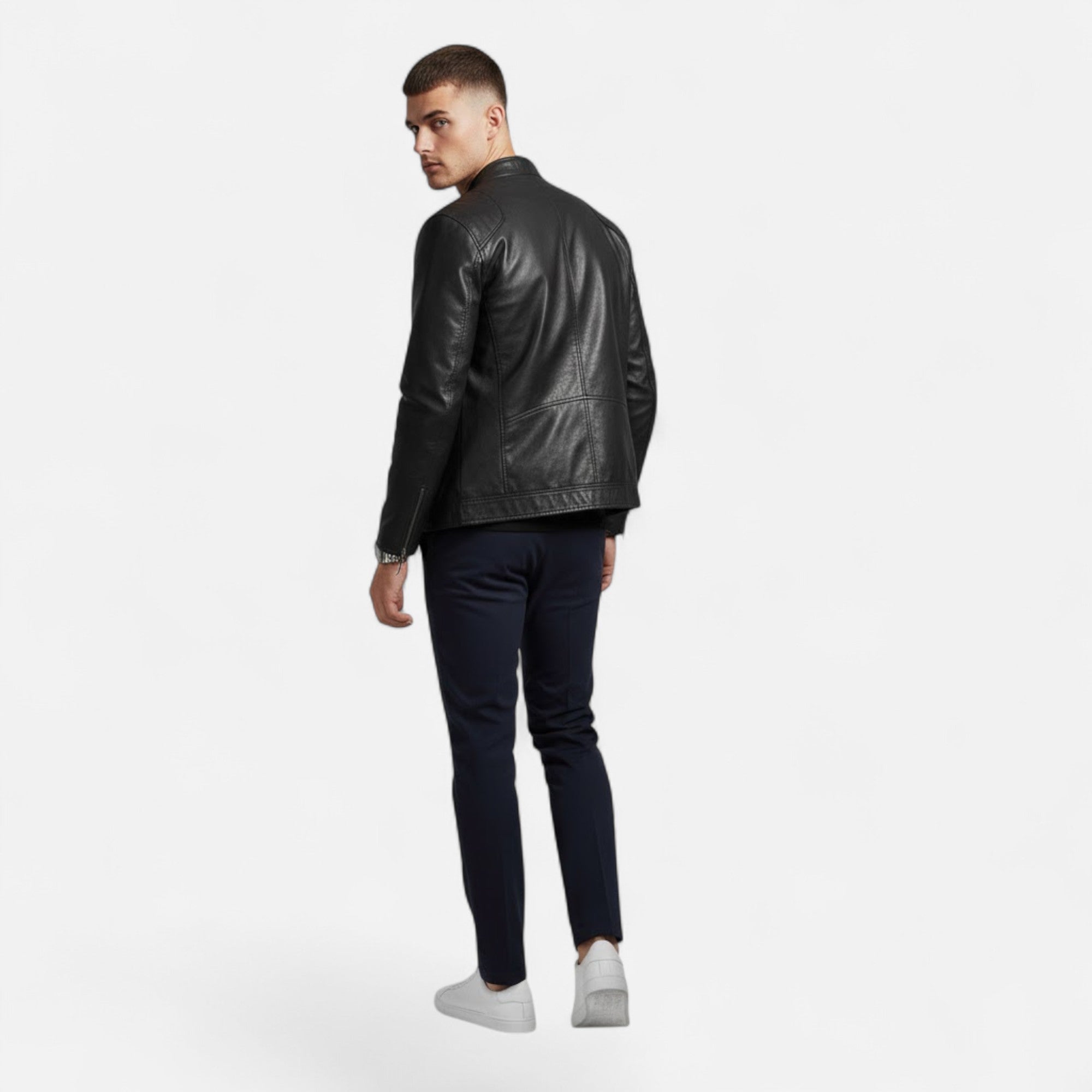 Valmonti | Men’s Stand-Collar Zip-Front Leather Jacket