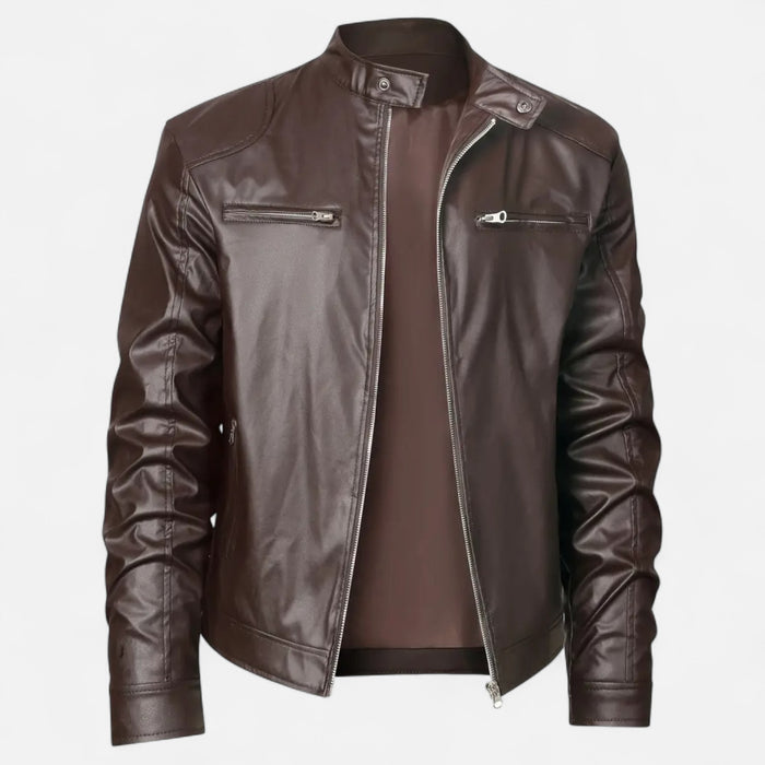 Valmonti | Men’s Stand-Collar Zip-Front Leather Jacket