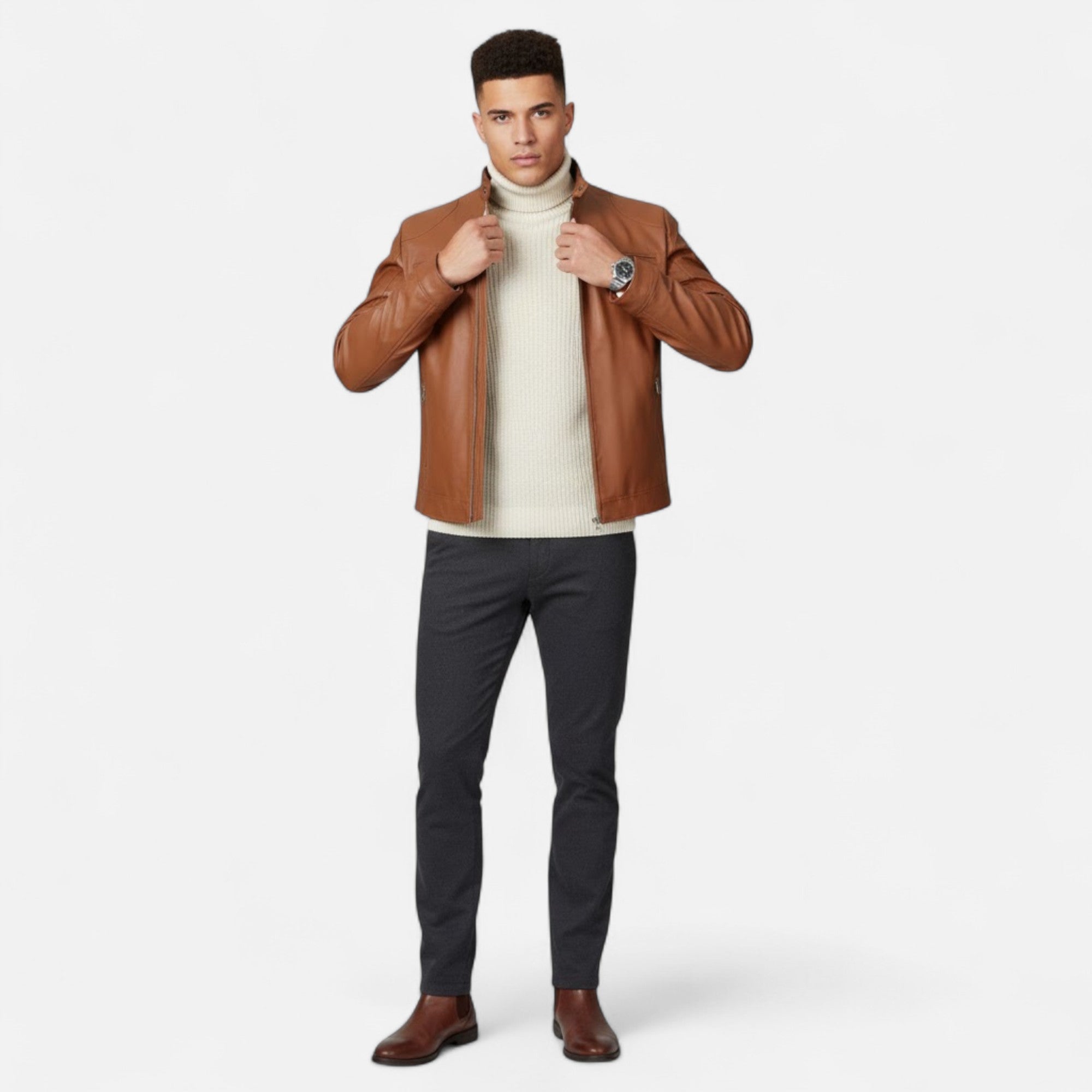 Valmonti | Men’s Stand-Collar Zip-Front Leather Jacket