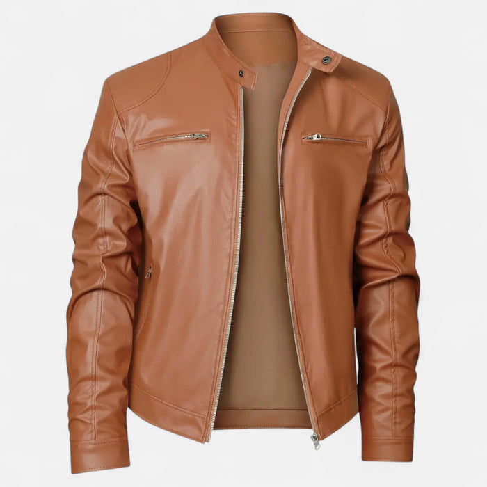 Valmonti | Men’s Stand-Collar Zip-Front Leather Jacket