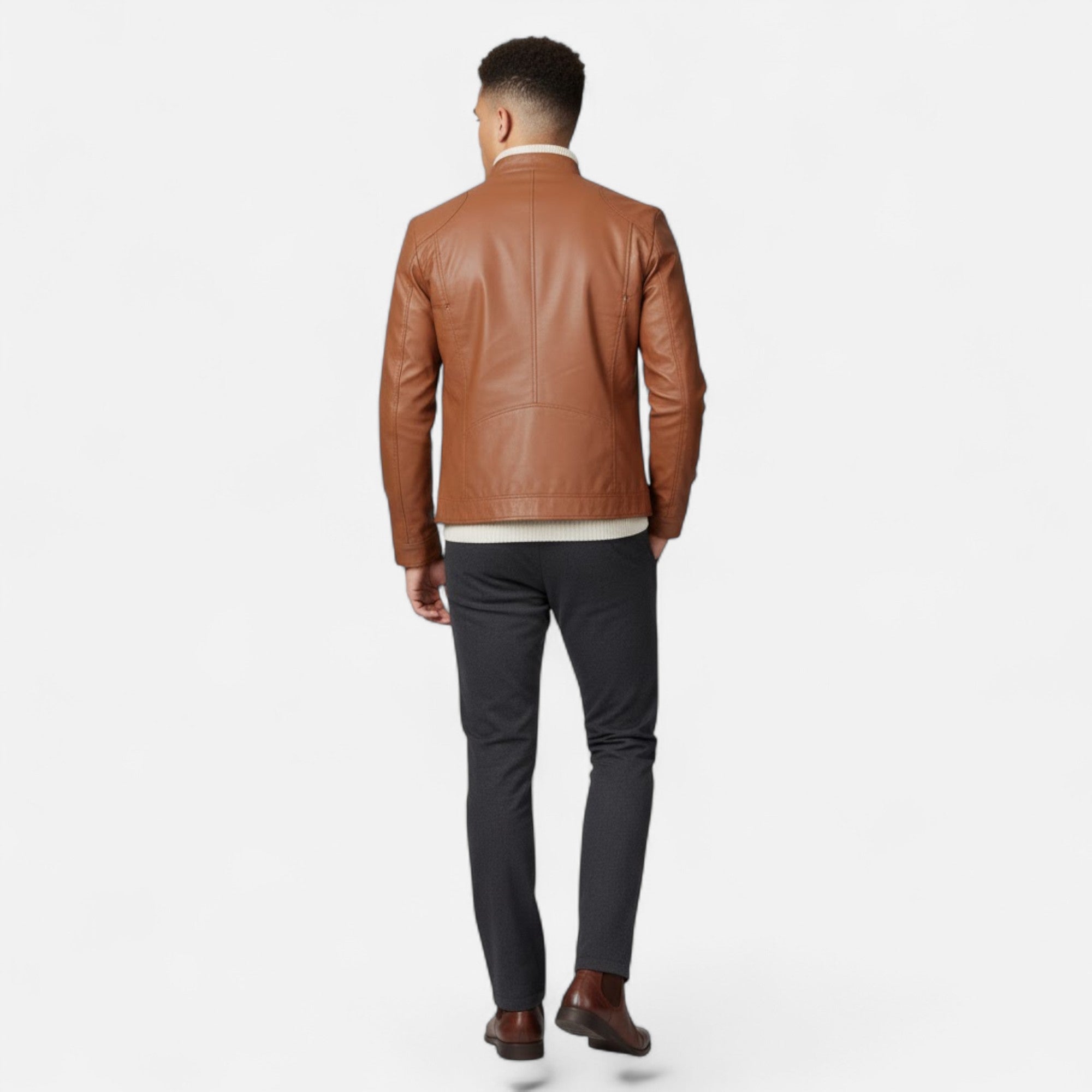 Valmonti | Men’s Stand-Collar Zip-Front Leather Jacket