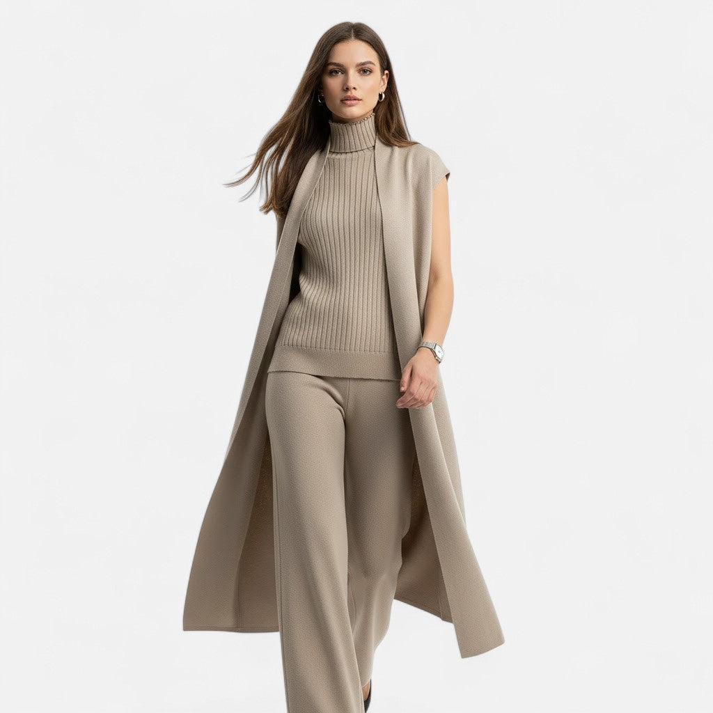 Valmonti | Women's Knit Three-Piece Vest-Cardigan-Trousers Set
