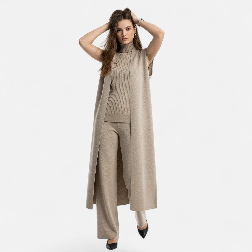 Valmonti | Women’s Knit Three-Piece Vest-Cardigan-Trousers Set