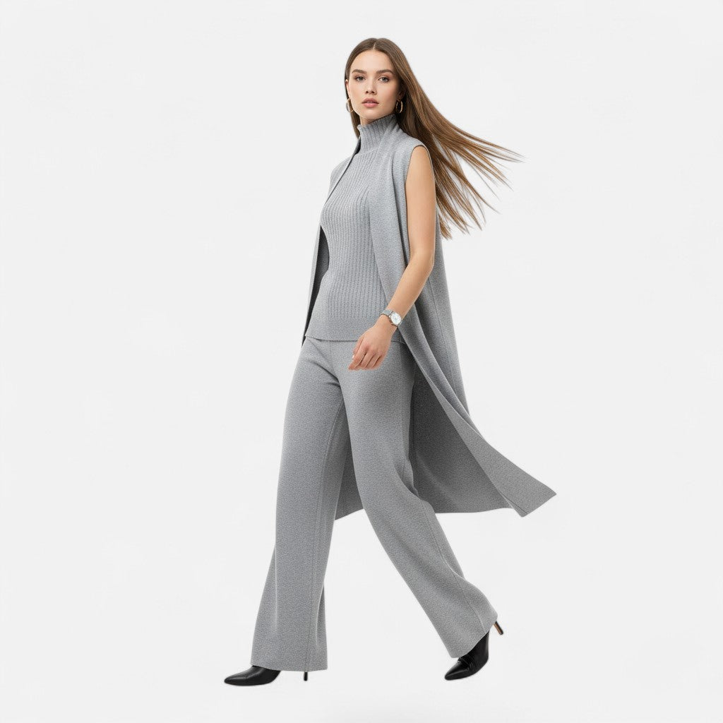 Valmonti | Women's Knit Three-Piece Vest-Cardigan-Trousers Set