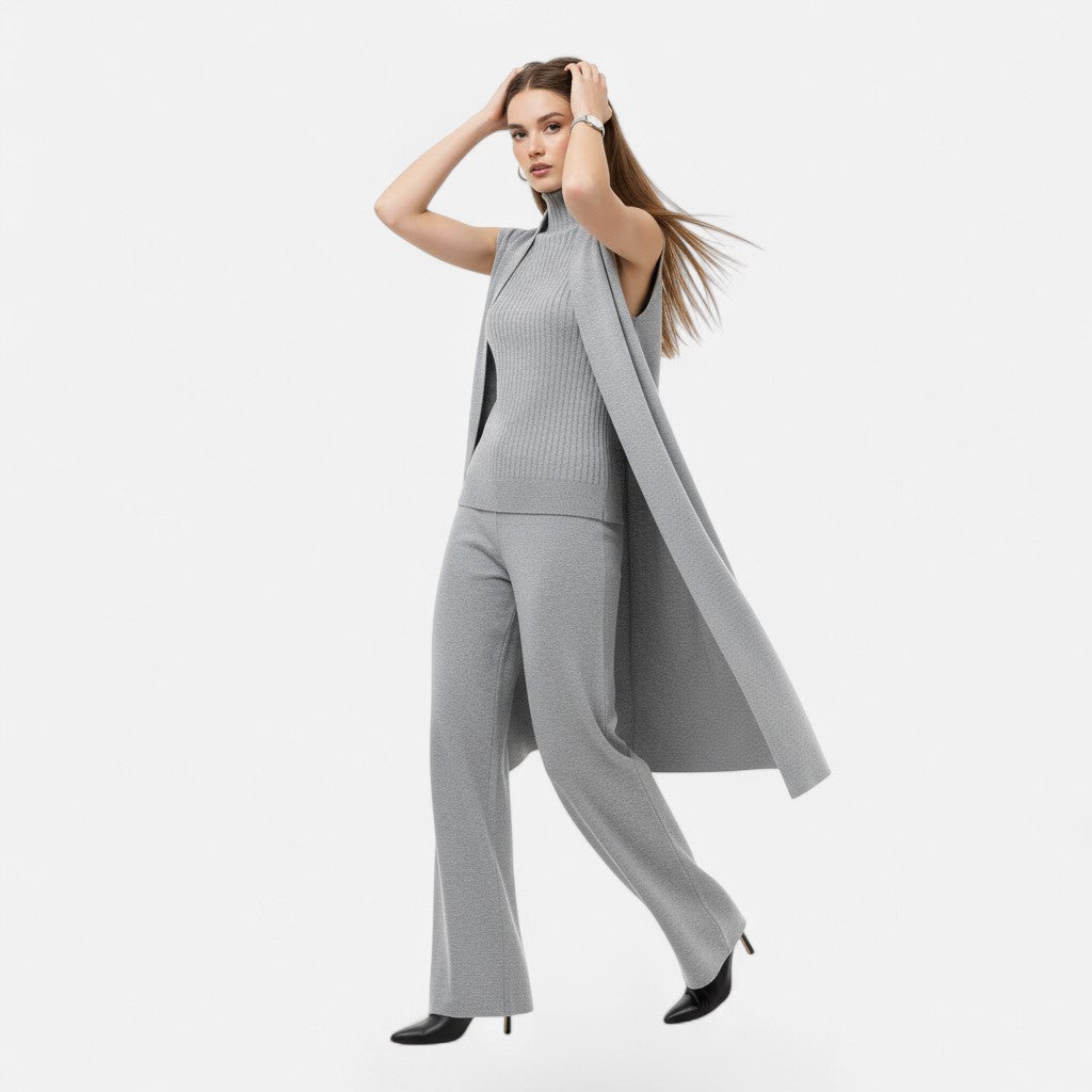 Valmonti | Women’s Knit Three-Piece Vest-Cardigan-Trousers Set