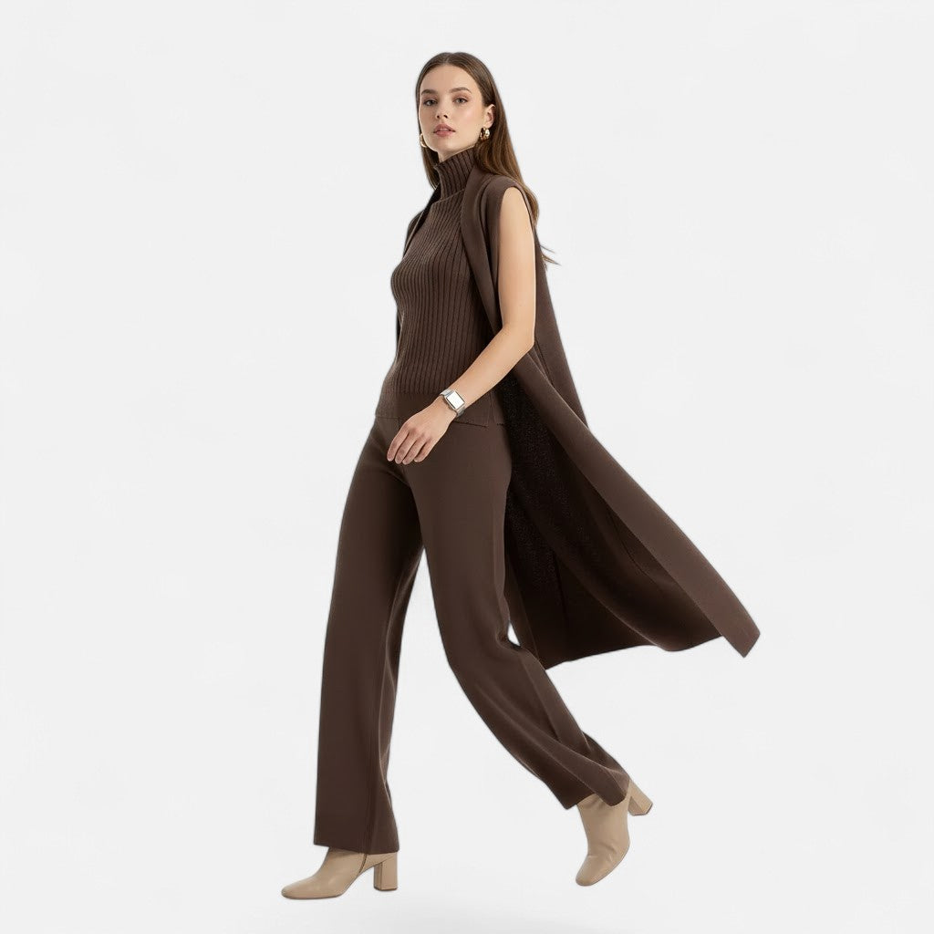 Valmonti | Women’s Knit Three-Piece Vest-Cardigan-Trousers Set