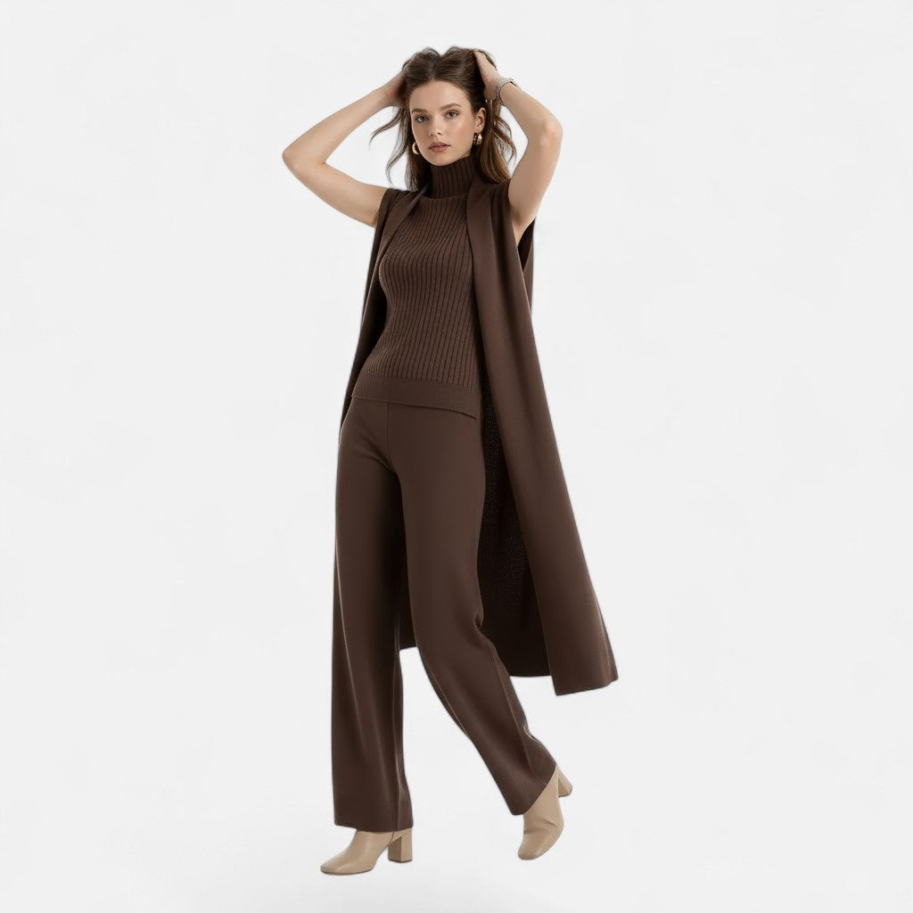 Valmonti | Women’s Knit Three-Piece Vest-Cardigan-Trousers Set