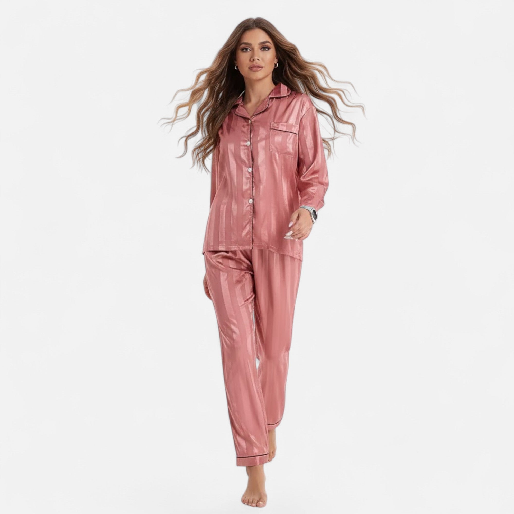 Valmonti | Women’s Silk-Touch Bold-Stripe Long Sleeve Lounge Set