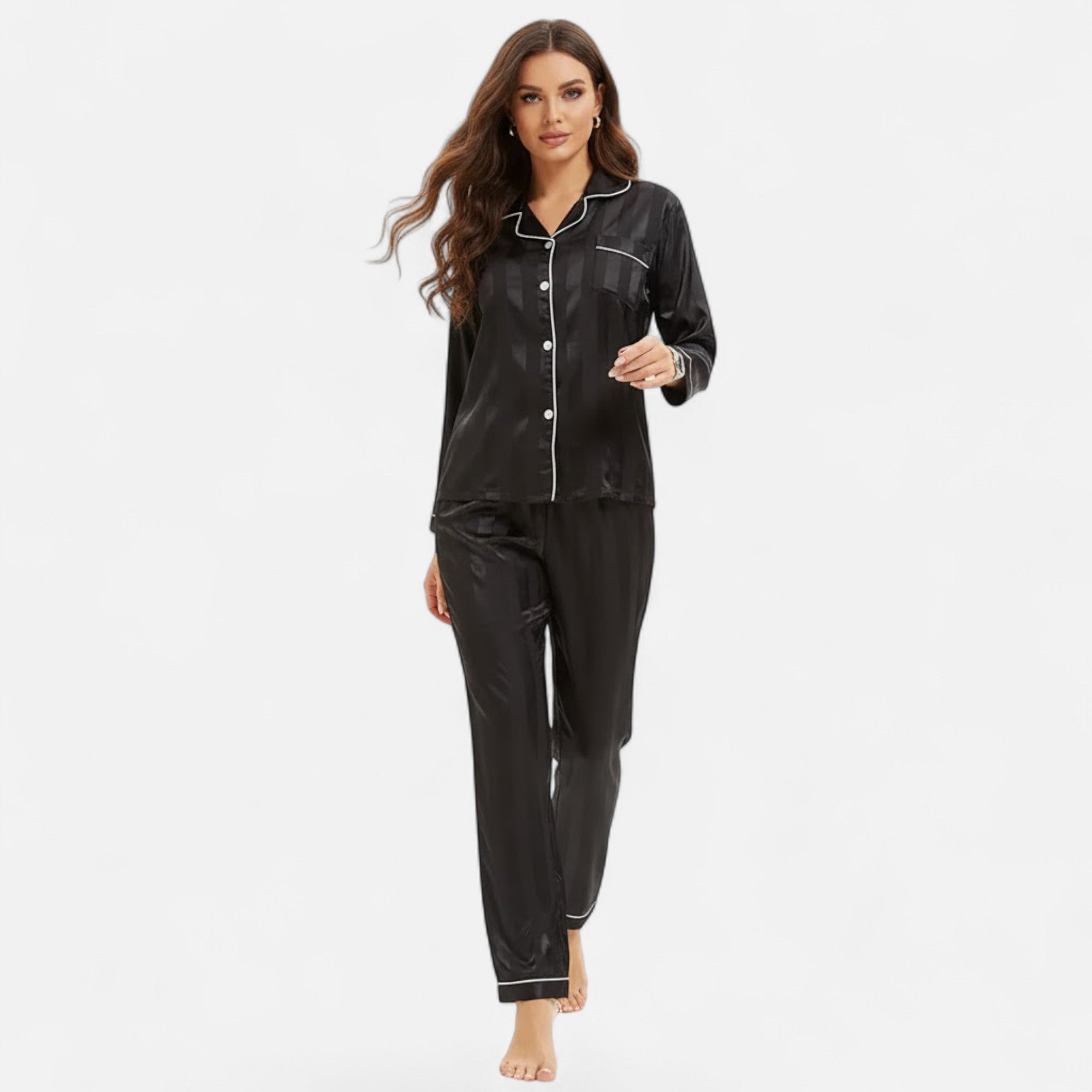 Valmonti | Women’s Silk-Touch Bold-Stripe Long Sleeve Lounge Set