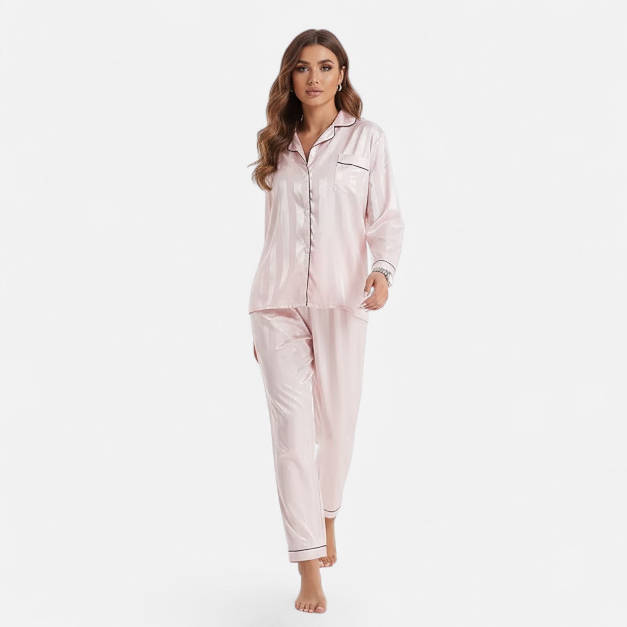 Valmonti | Women’s Silk-Touch Bold-Stripe Long Sleeve Lounge Set