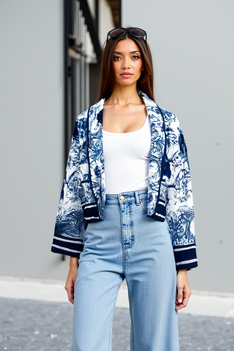 Aurielle Women’s Quilted Floral Jacket with Blue Pattern Lightweight and Comfortable Fit