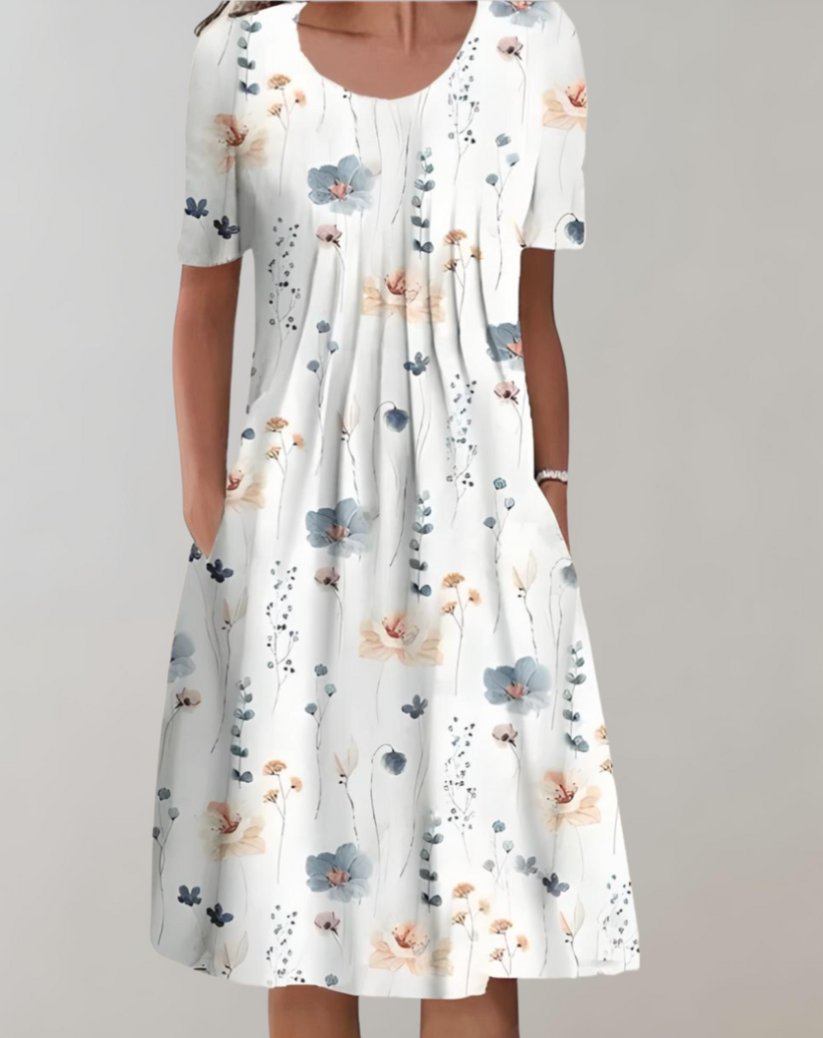 Abito midi estivo da donna a maniche corte con stampa, scollo rotondo e tasche, con vita stile impero e vestibilità comoda, ideale per tutti i giorni casual