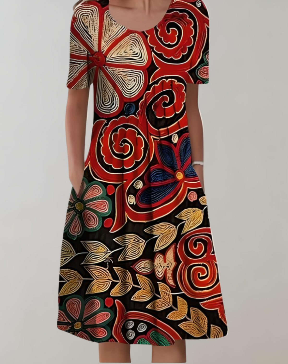 Abito midi estivo da donna a maniche corte con stampa, scollo rotondo e tasche, con vita stile impero e vestibilità comoda, ideale per tutti i giorni casual