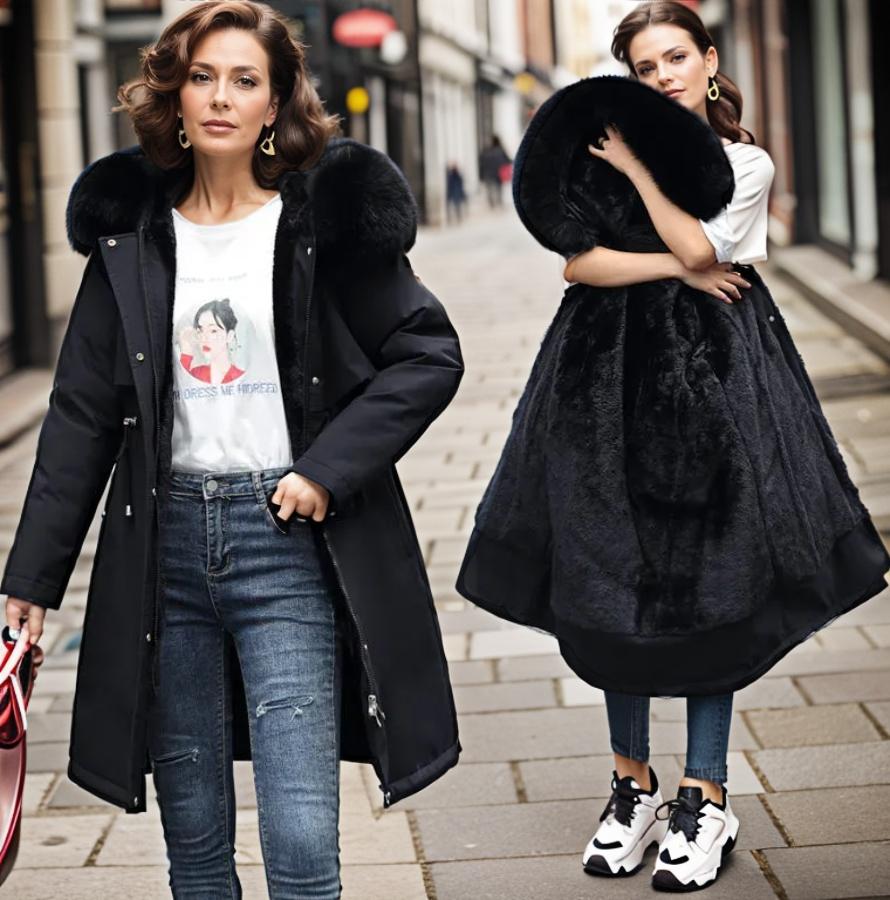 Women’s Plush-Lined Hooded Winter Parka – Warm Longline Cold-Weather Layer