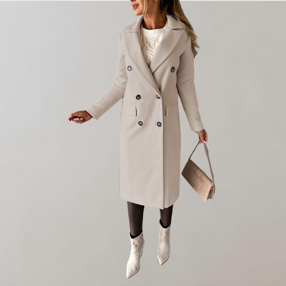 Women’s Double-Breasted Long Winter Coat with Notched Lapels and Flap Pockets – Classic Tailored Outerwear for Work and Elegant Cold-Weather Dressing