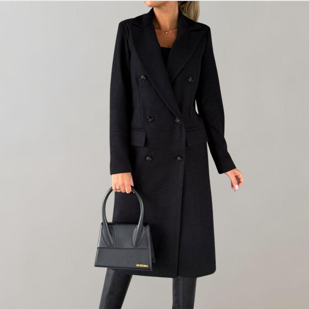 Women’s Double-Breasted Long Winter Coat with Notched Lapels and Flap Pockets – Classic Tailored Outerwear for Work and Elegant Cold-Weather Dressing