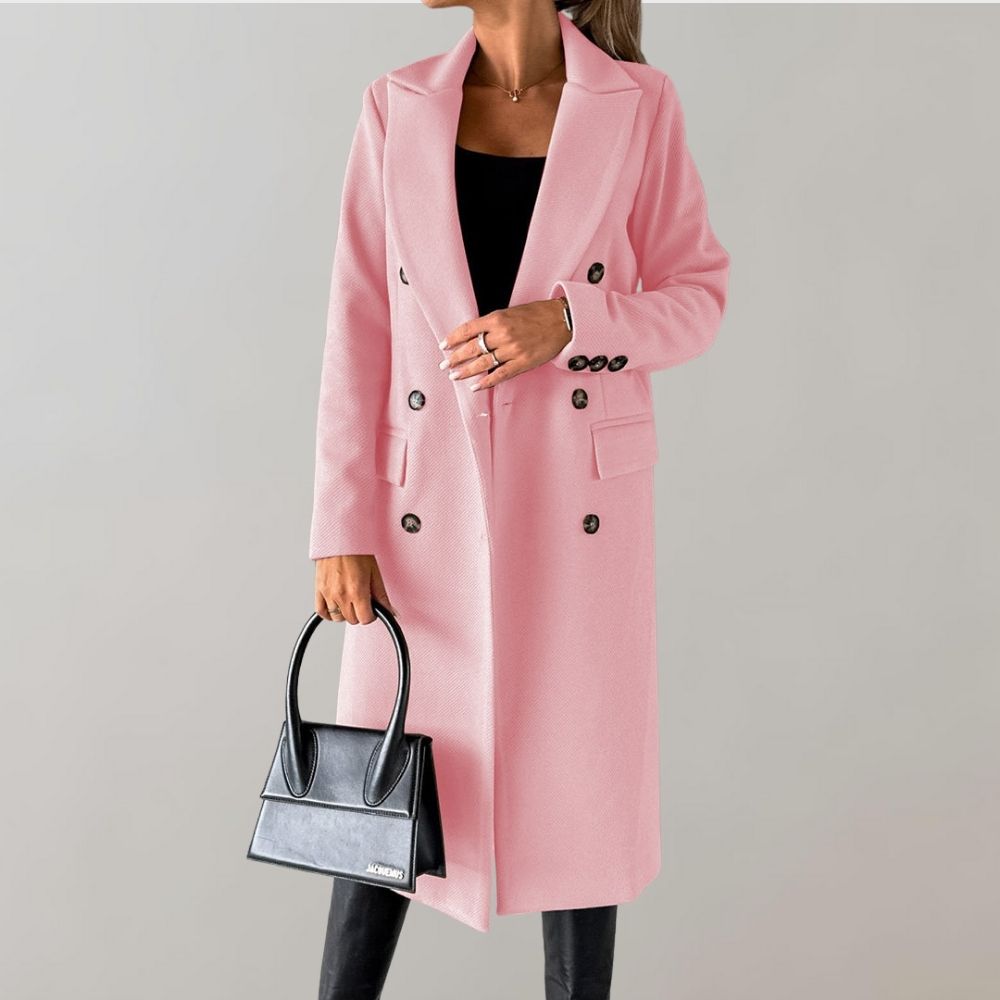 Women’s Double-Breasted Long Winter Coat with Notched Lapels and Flap Pockets – Classic Tailored Outerwear for Work and Elegant Cold-Weather Dressing