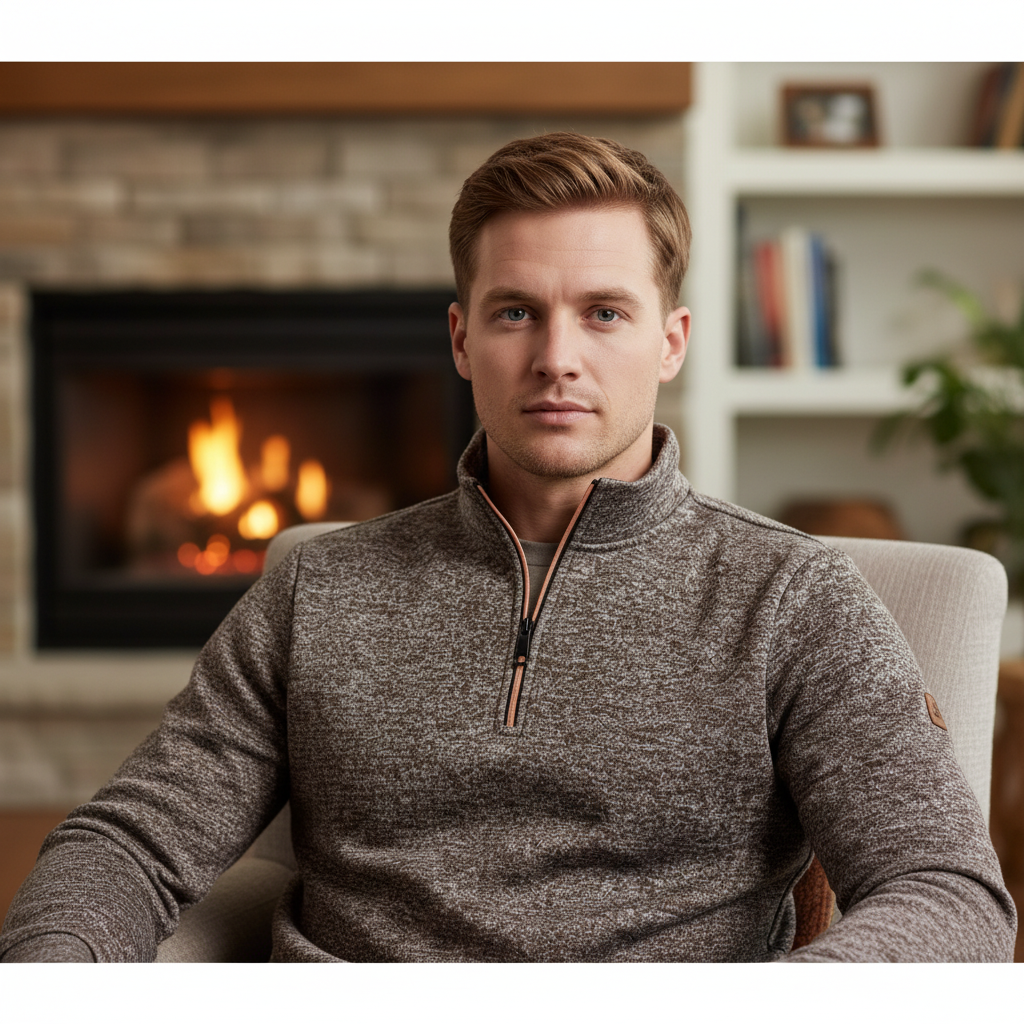 Herre strikket kvart-zip sweater med høj krave