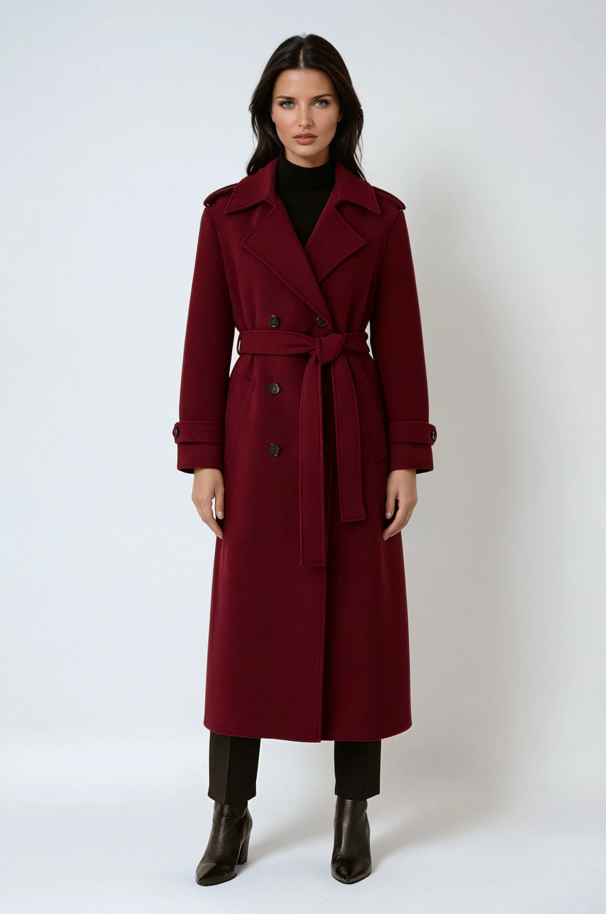 Abrigo largo de invierno cruzado y con cinturón para mujer - Prenda exterior entallada de mezcla de lana para protegerse del frío con elegancia