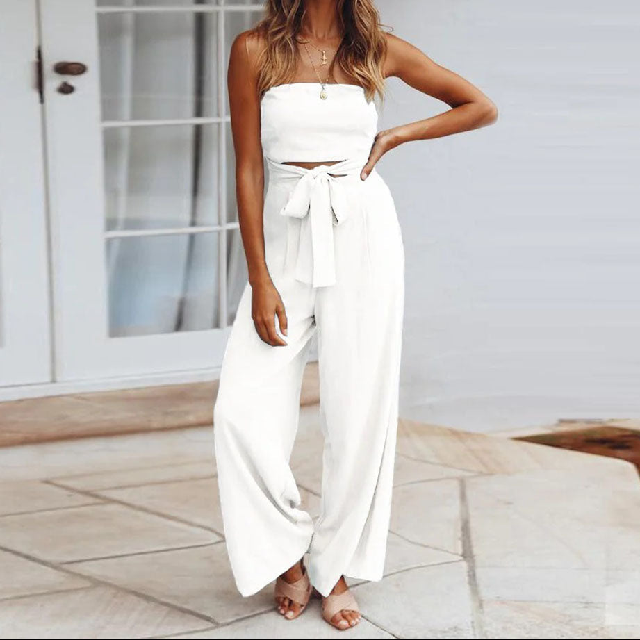 Strapless jumpsuit voor dames met wijde pijpen en strikceintuur - outfit met uitsparingen voor zomeravonden