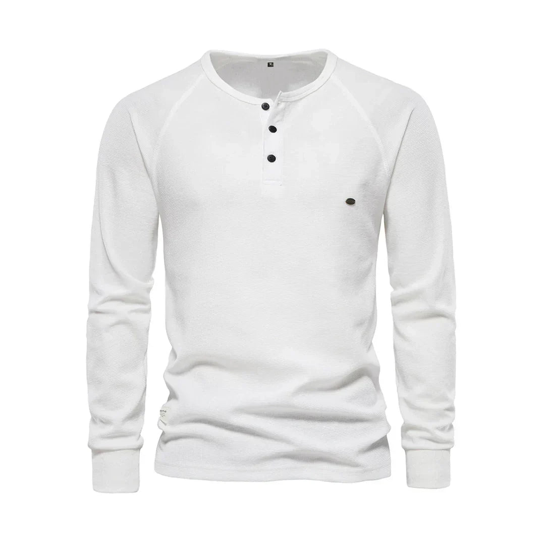 Camiseta Henley para hombre, manga larga, cuello con botones, casual