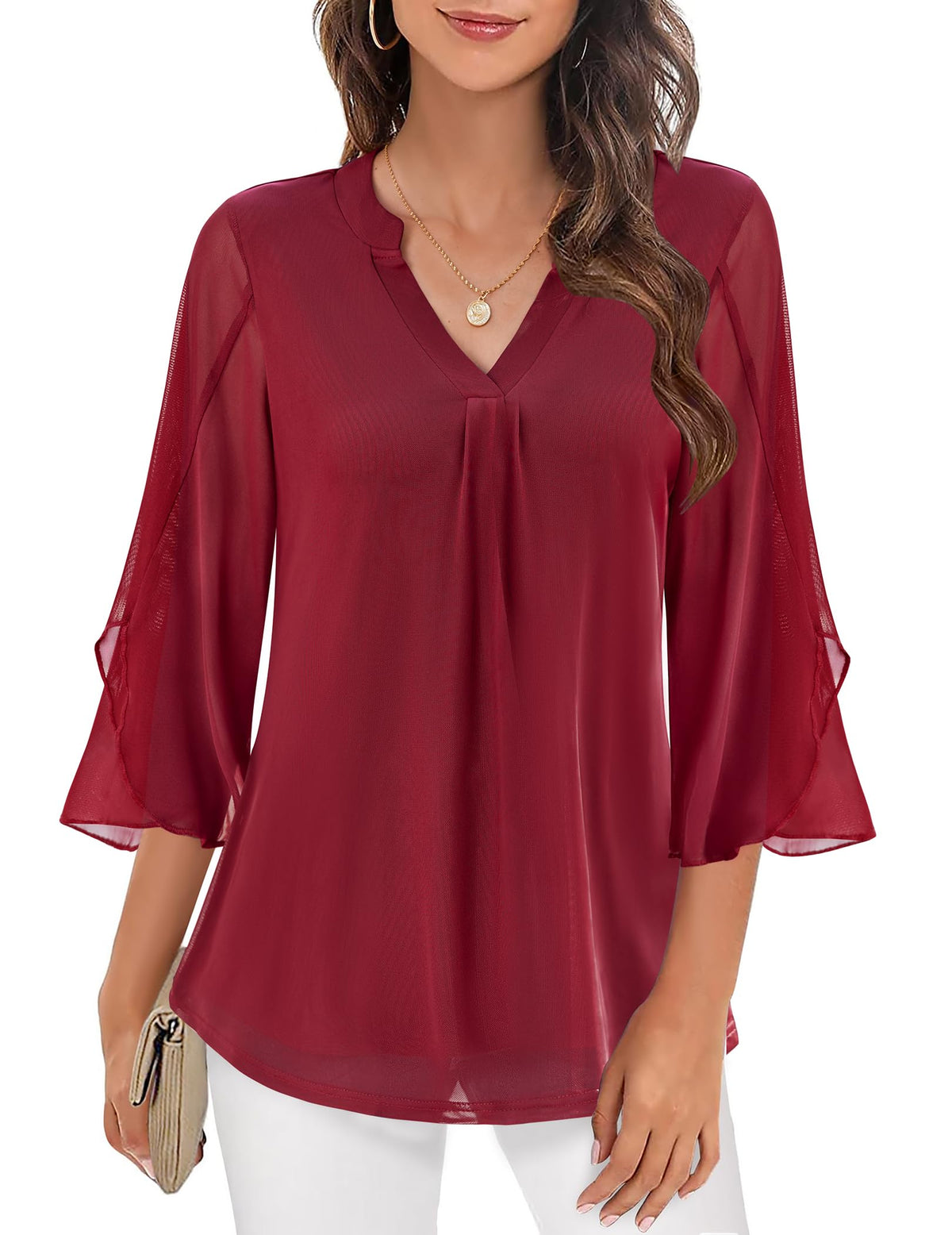 Blusa elegante estampada para mulher, de malha transparente e decote em V, com mangas evasé a três quartos – Top leve em camadas para o escritório e ocasiões casuais elegantes