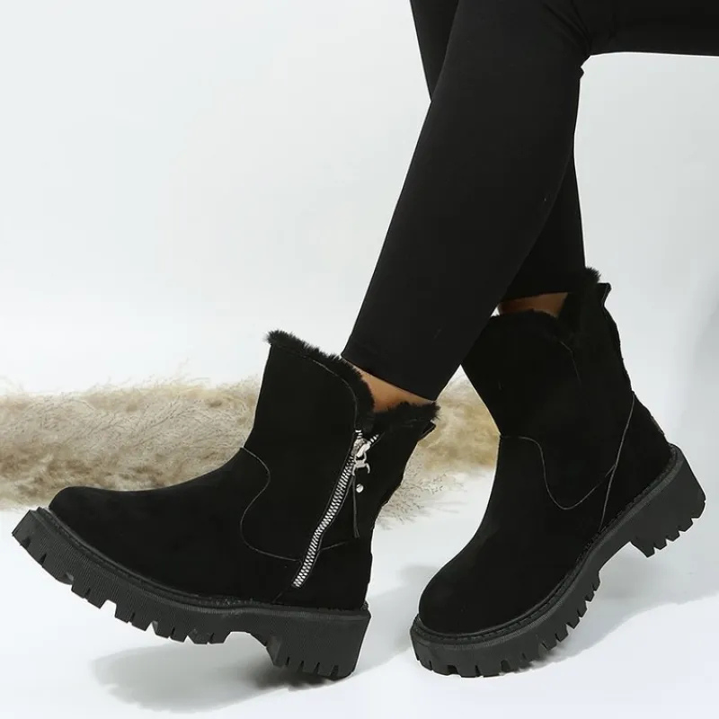 Damen-Winterstiefeletten mit Kunstfellkragen – Stiefeletten in Wildlederoptik mit seitlichem Reißverschluss und Profilsohle für den täglichen Einsatz bei kaltem Wetter