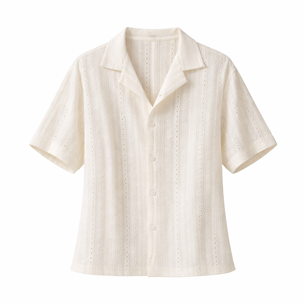 Camisa de hombre de manga corta con cuello abierto texturizado, top de botones para verano