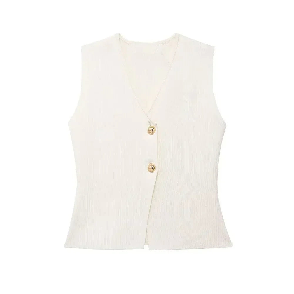 Dámska elegantná pletená vesta bez rukávov s asymetrickým zapínaním na gombíky vpredu - priliehavý top s výstrihom do V na elegantné voľnočasové a kancelárske nosenie