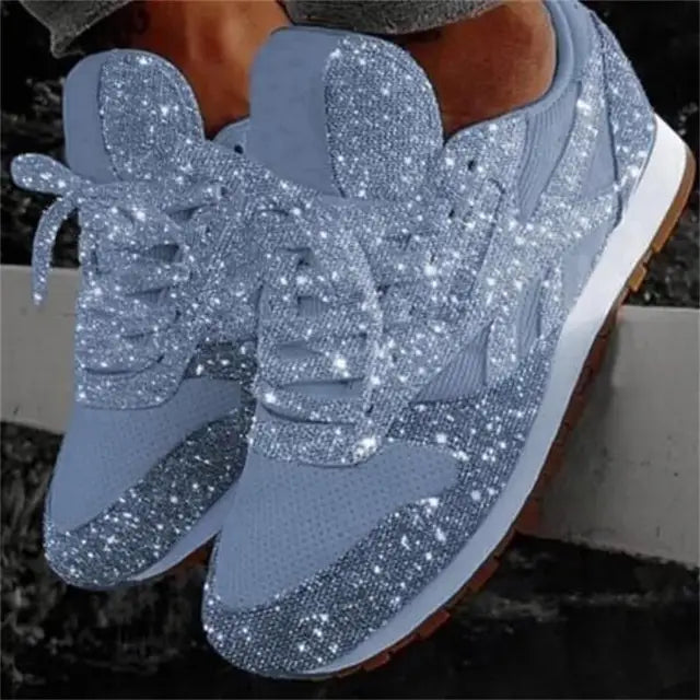 Dames glimmersneakers uden snørebånd – glitrende trainers med kaninører og fleksibel sål til afslappet hverdags- og festbrug