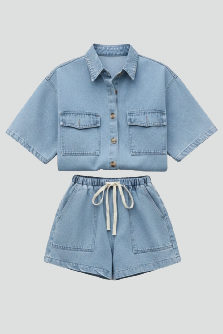 Dameset van denim voor de zomer – oversized overhemd met korte mouwen en knoopsluiting aan de voorkant en short met trekkoord voor casual dagelijks gebruik