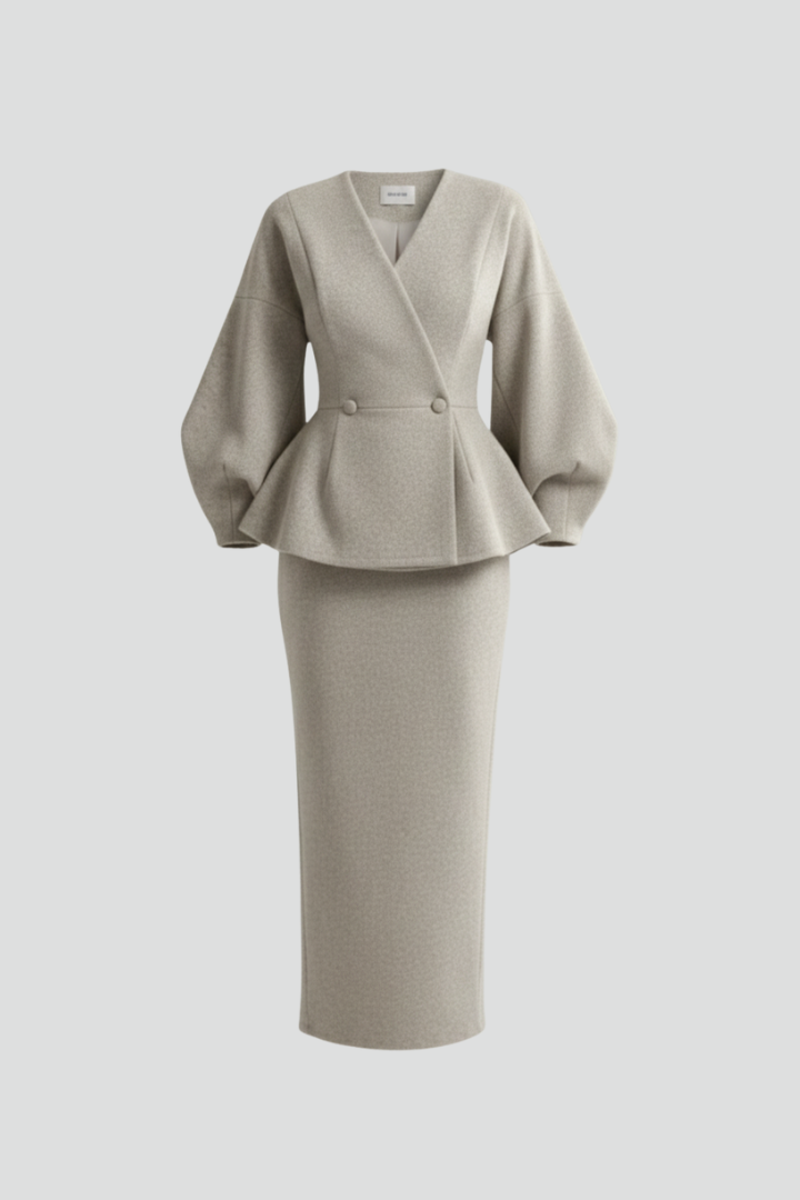 Costum de damă din blazer peplum și fustă maxi – set elegant din două piese, croit pentru evenimente de afaceri