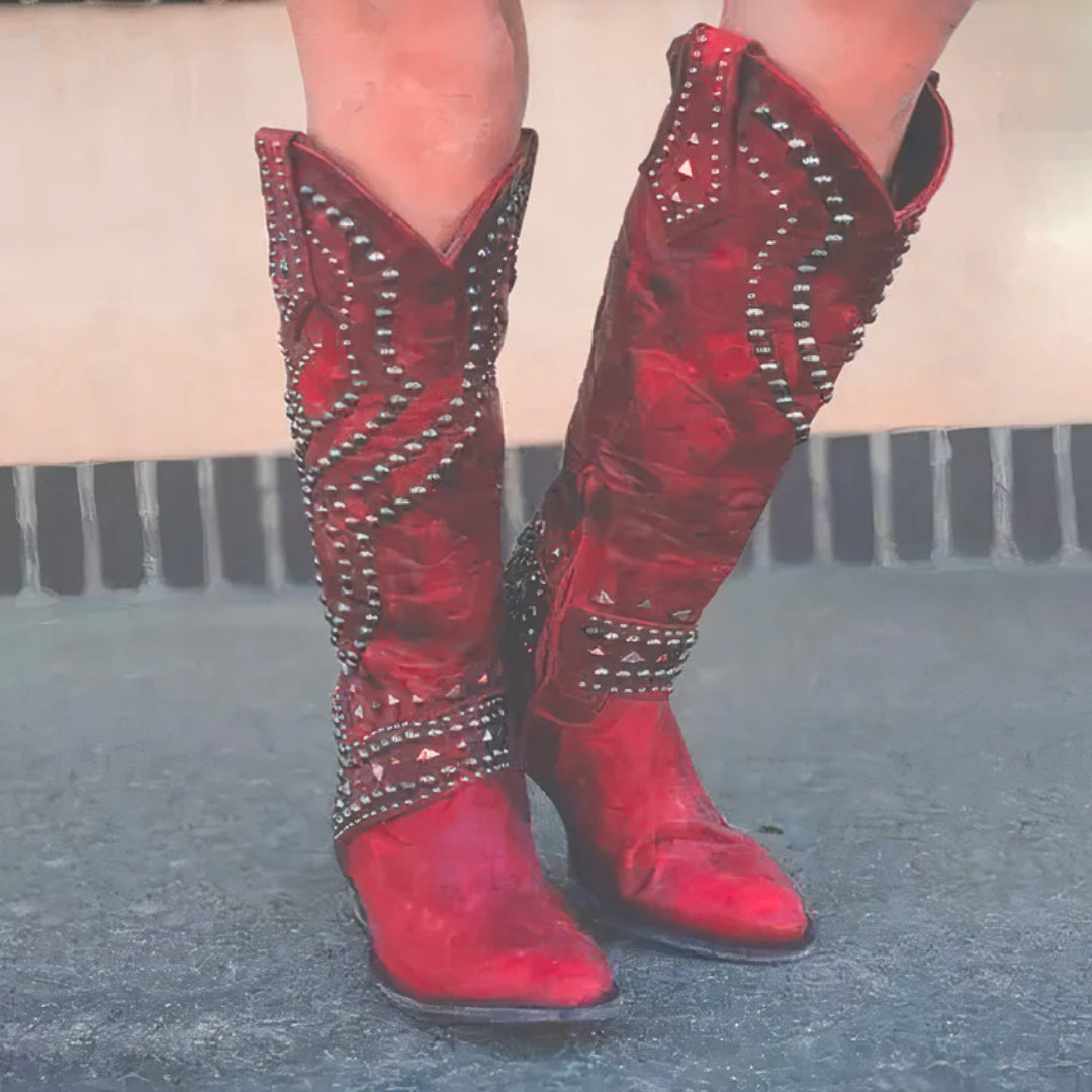 Women’s Studded Western Cowboy Boots – Statement Block Heel Festival Style