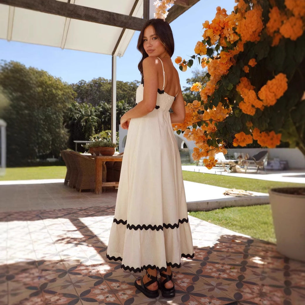 Women’s Contrast-Trim A-Line Maxi Dress – Spaghetti-Strap Dress for Summer Events
