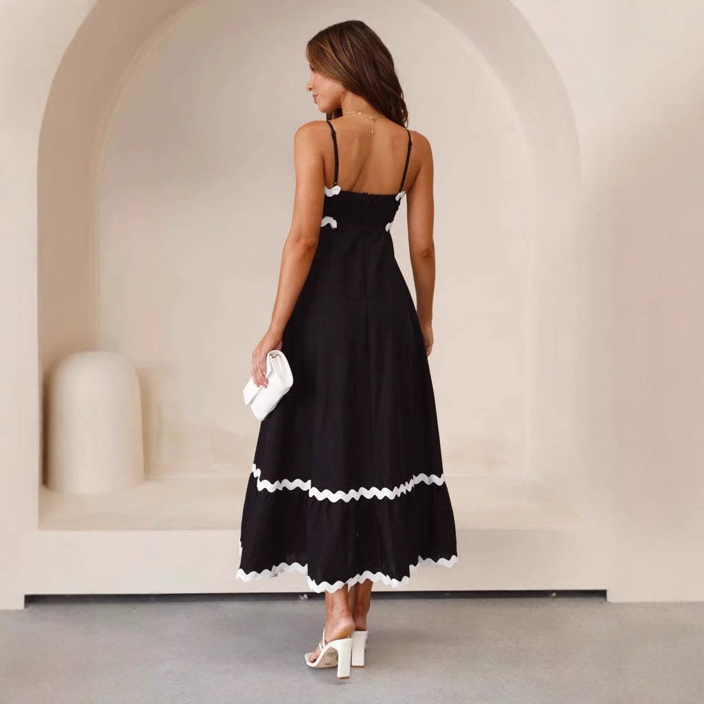 Women’s Contrast-Trim A-Line Maxi Dress – Spaghetti-Strap Dress for Summer Events