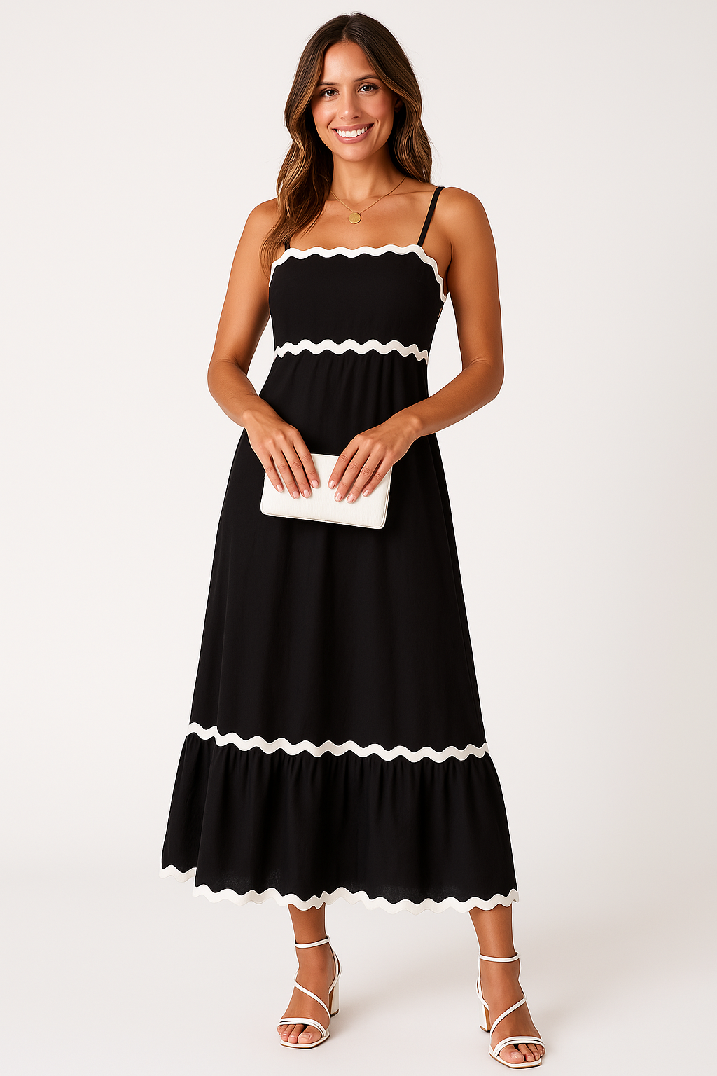 Women’s Contrast-Trim A-Line Maxi Dress – Spaghetti-Strap Dress for Summer Events