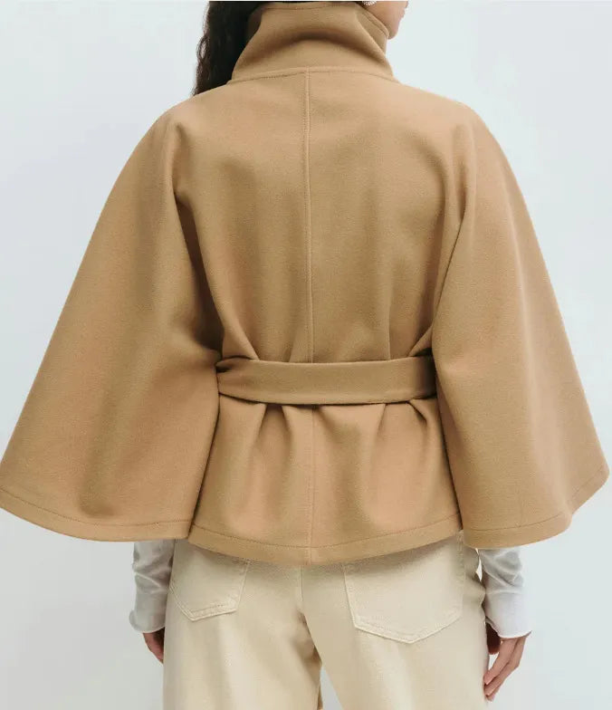 Women’s Belted Cape Jacket – High-Neck Spring Coat for Smart Casual Layering