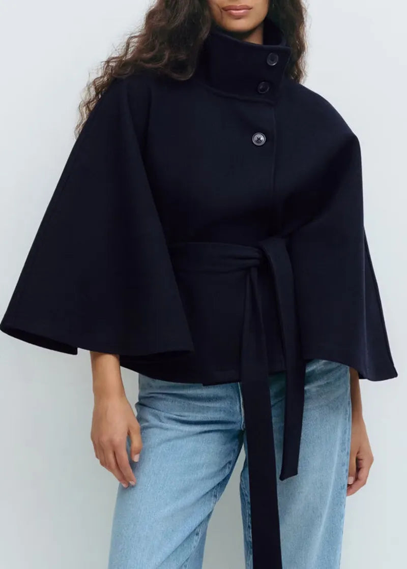 Women’s Belted Cape Jacket – High-Neck Spring Coat for Smart Casual Layering