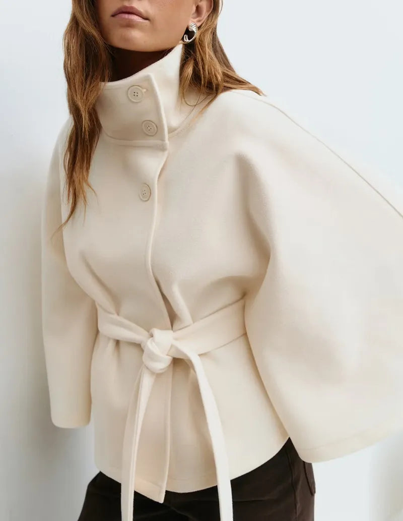 Women’s Belted Cape Jacket – High-Neck Spring Coat for Smart Casual Layering