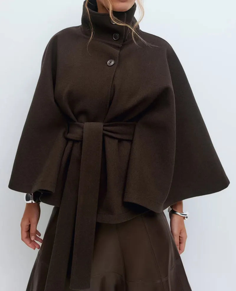 Women’s Belted Cape Jacket – High-Neck Spring Coat for Smart Casual Layering