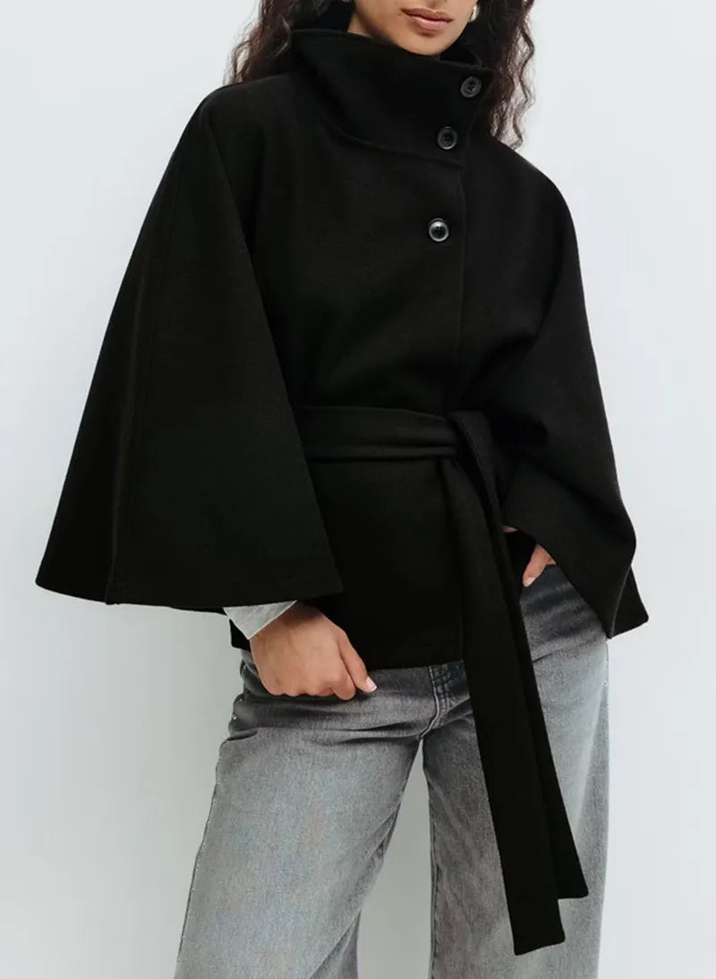 Women’s Belted Cape Jacket – High-Neck Spring Coat for Smart Casual Layering