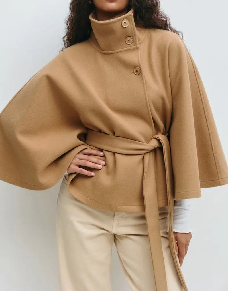 Women’s Belted Cape Jacket – High-Neck Spring Coat for Smart Casual Layering
