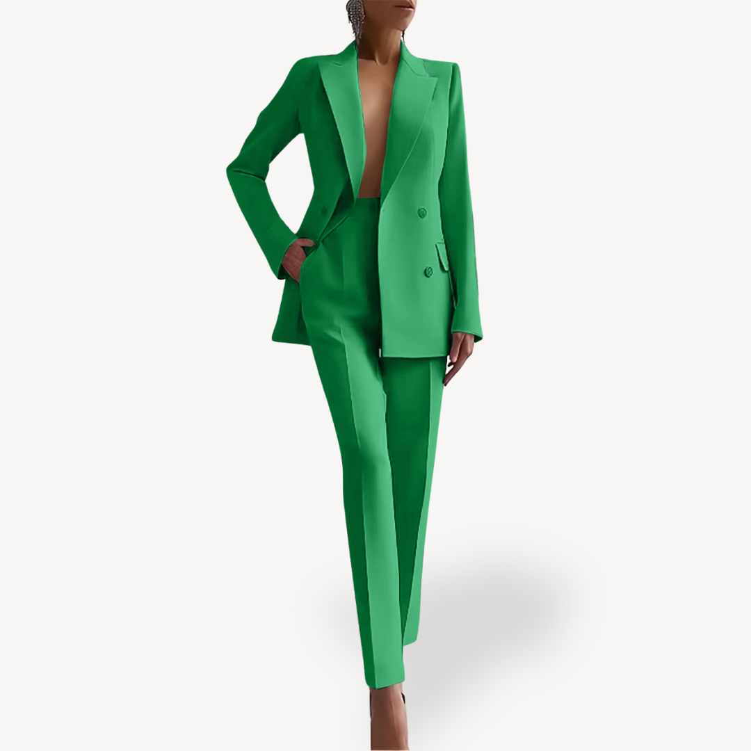 Women’s Tailored Trouser Suit – Long Double-Breasted Blazer Set for Work and Events