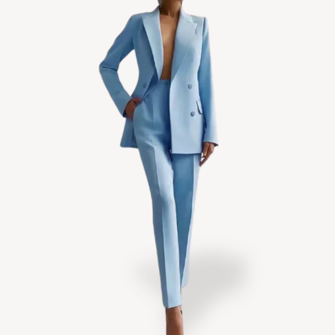Women’s Tailored Trouser Suit – Long Double-Breasted Blazer Set for Work and Events