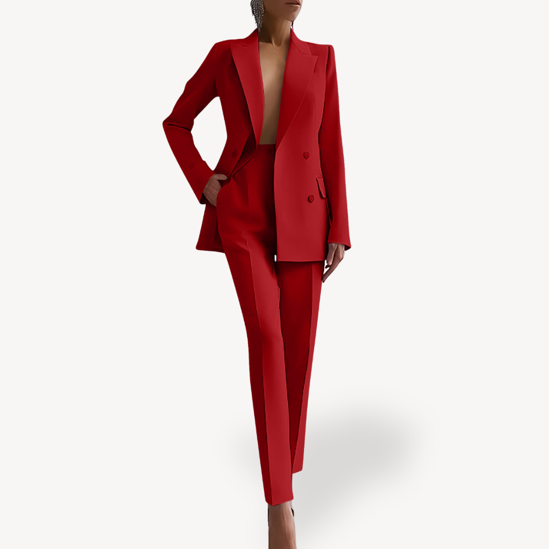 Women’s Tailored Trouser Suit – Long Double-Breasted Blazer Set for Work and Events